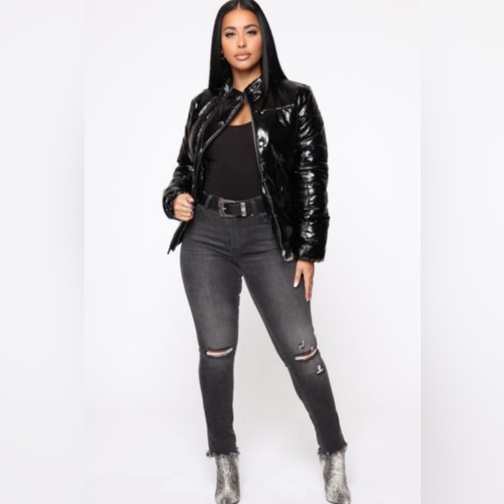 Fashion Nova Shiny Black Desired Puffer Jacket PU Shiny